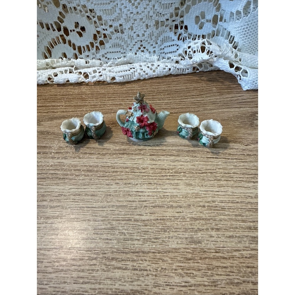 Vintage Miniature Christmas Tea Set Resin Tree Holly Mini